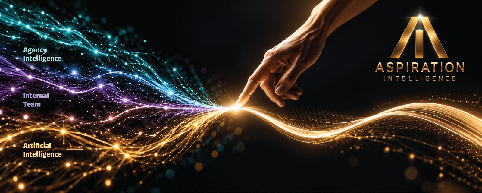 Three streams of light — agency intelligence, internal team and artificial intelligence — converging at a single point touched by a hand, under the Aspiration Intelligence mark