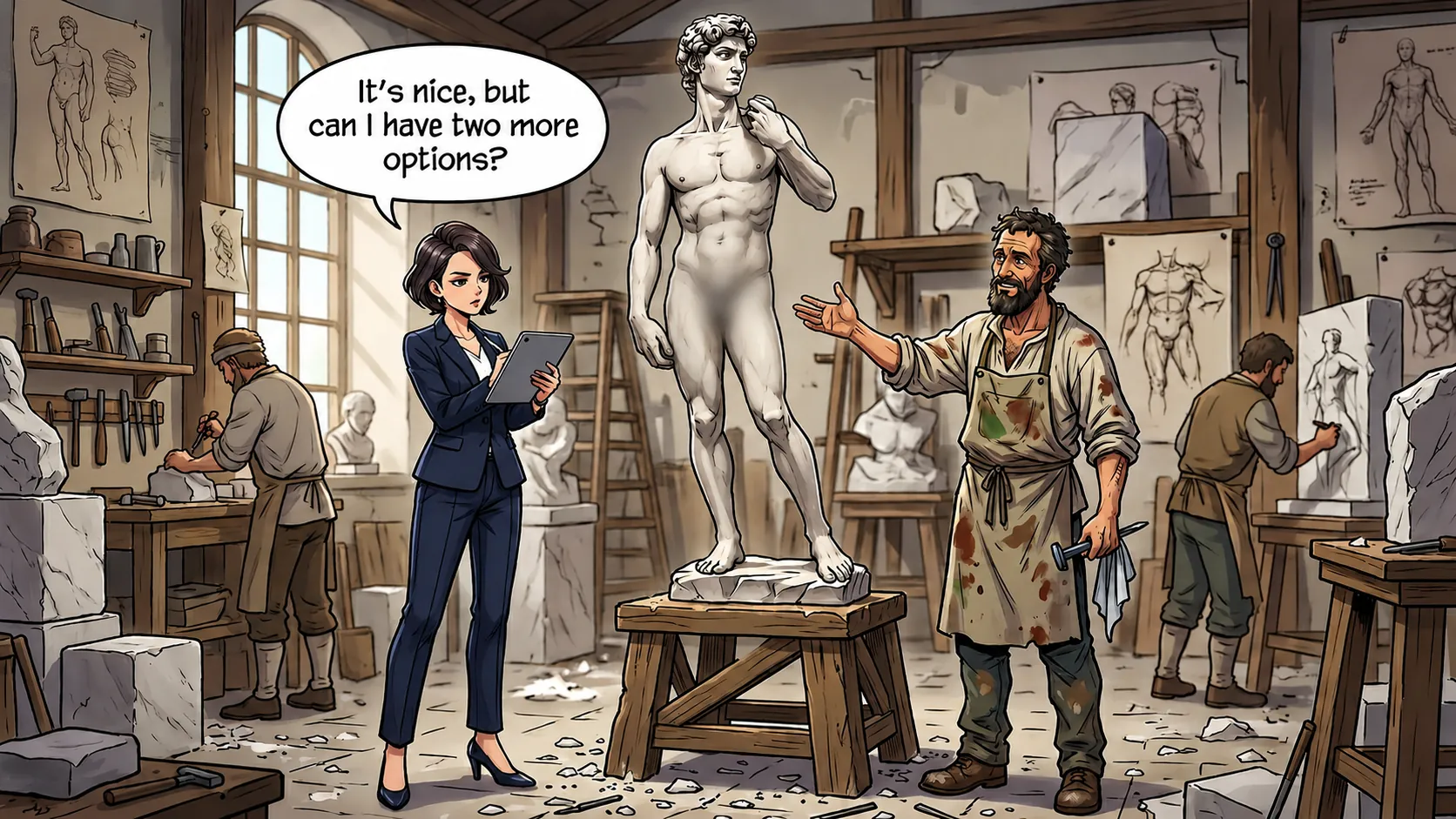 Comic-style illustration of a client taking over the kitchen from the chef they hired, with a speech bubble