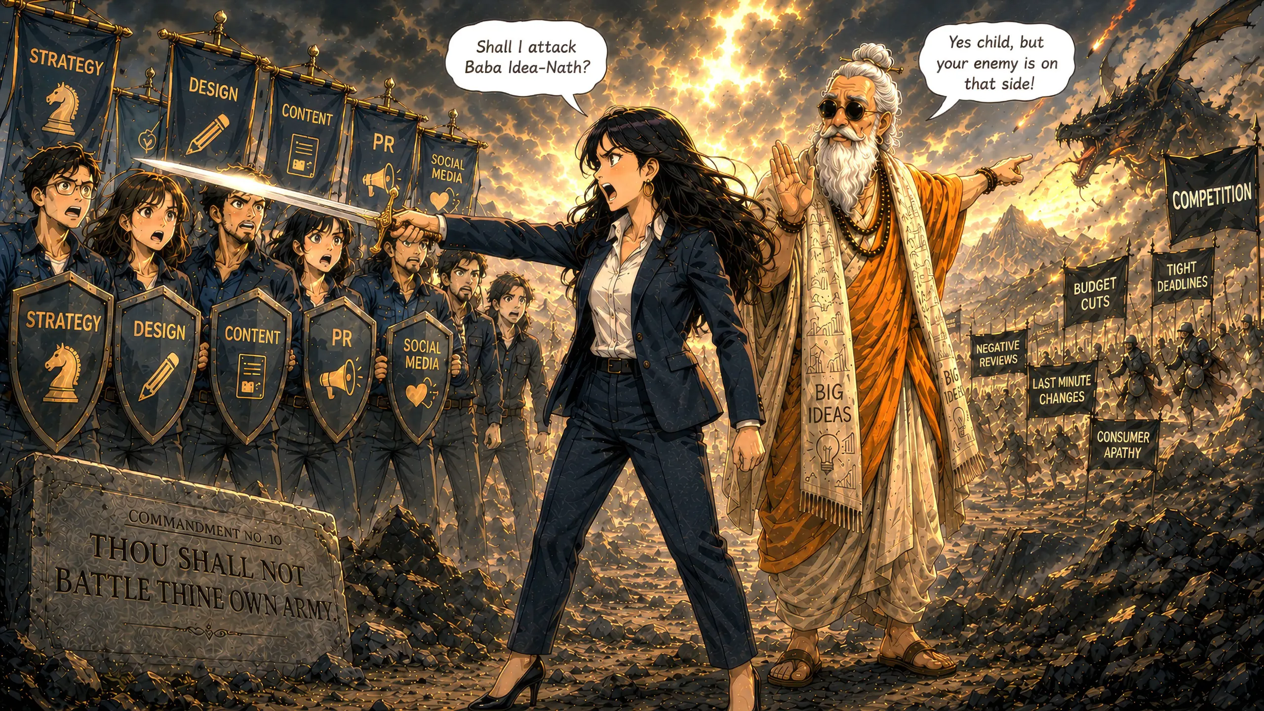 Epic battle scene illustrating the agency and client fighting on the same side instead of against each other